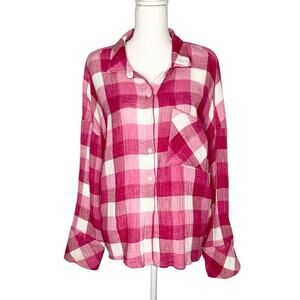 Sanctuary Mod Pink Plaid Buffalo Check Long Sleeve Boyfriend Button Front Shirt
